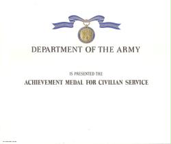 Army Civilian Service Achievement Award medal certificate