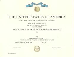 Genuine Joint Service Achievement Award Medal Certificate