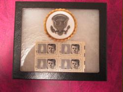 US White House Presidential Service Badge in display case with President Kennedy Memorial Stamps  Guaranteed Genuine