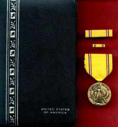 American Defense Medal in case with ribbon bar and lapel pin