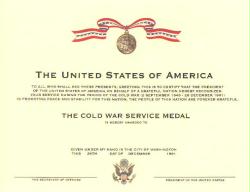 Cold War Service Medal Certificate