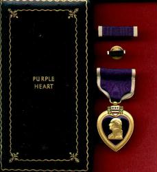 WWII Purple Heart Military Award medal in old style case with ribbon bar and lapel pin and serial numbered War Contract
